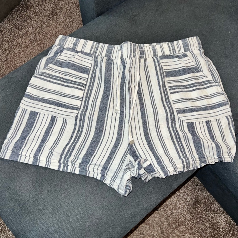 White and Denim Blue Striped Linen Shorts